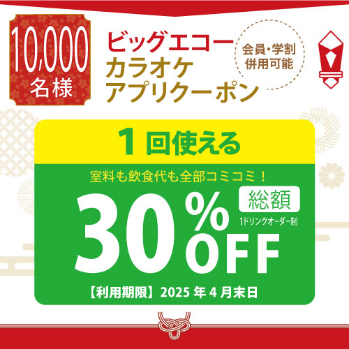 ビッグエコーカラオケアプリクーポン 1回使える総額30%OFF